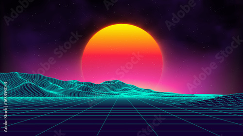 Retro background futuristic landscape 1980s style. Digital retro landscape cyber surface. Retro music album cover template : sun, space, mountains . 80s Retro Sci-Fi Background Summer Landscape.