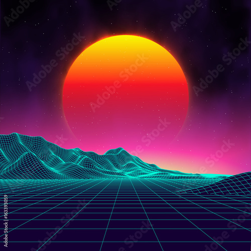 Retro background futuristic landscape 1980s style. Digital retro landscape cyber surface. Retro music album cover template : sun, space, mountains . 80s Retro Sci-Fi Background Summer Landscape.