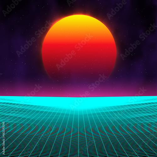 Retro background futuristic landscape 1980s style. Digital retro landscape cyber surface. Retro music album cover template : sun, space, mountains . 80s Retro Sci-Fi Background Summer Landscape.