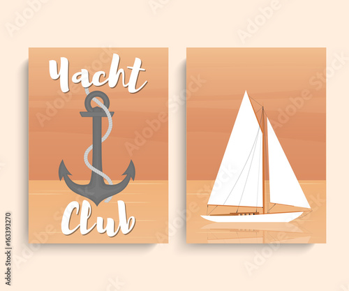 Yacht club cards. Sailboat in the open sea. Vector illustration in flat style