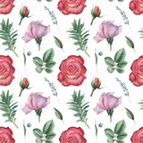 Seamless watercolor pattern with flowers and leaves, isolated on white background