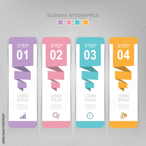 Infographic template of four steps on squares, tag banner, work sheet, flat design of business icon, vector