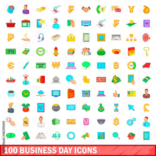 100 business day icons set, cartoon style