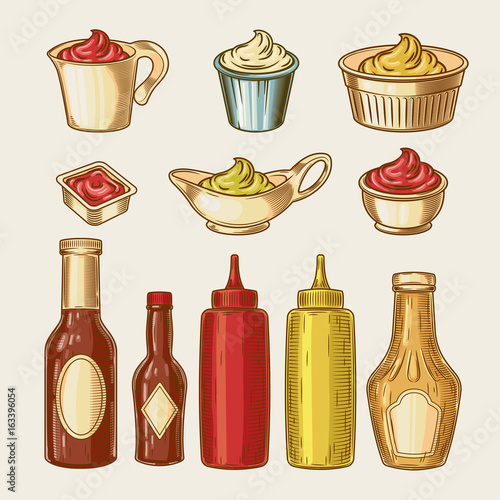 Vector illustration of an engraving style set of different sauces in saucepans and bottles. Ketchup, yogurt, sour cream, mayonnaise, mustard, tar tare sauce, vassabi