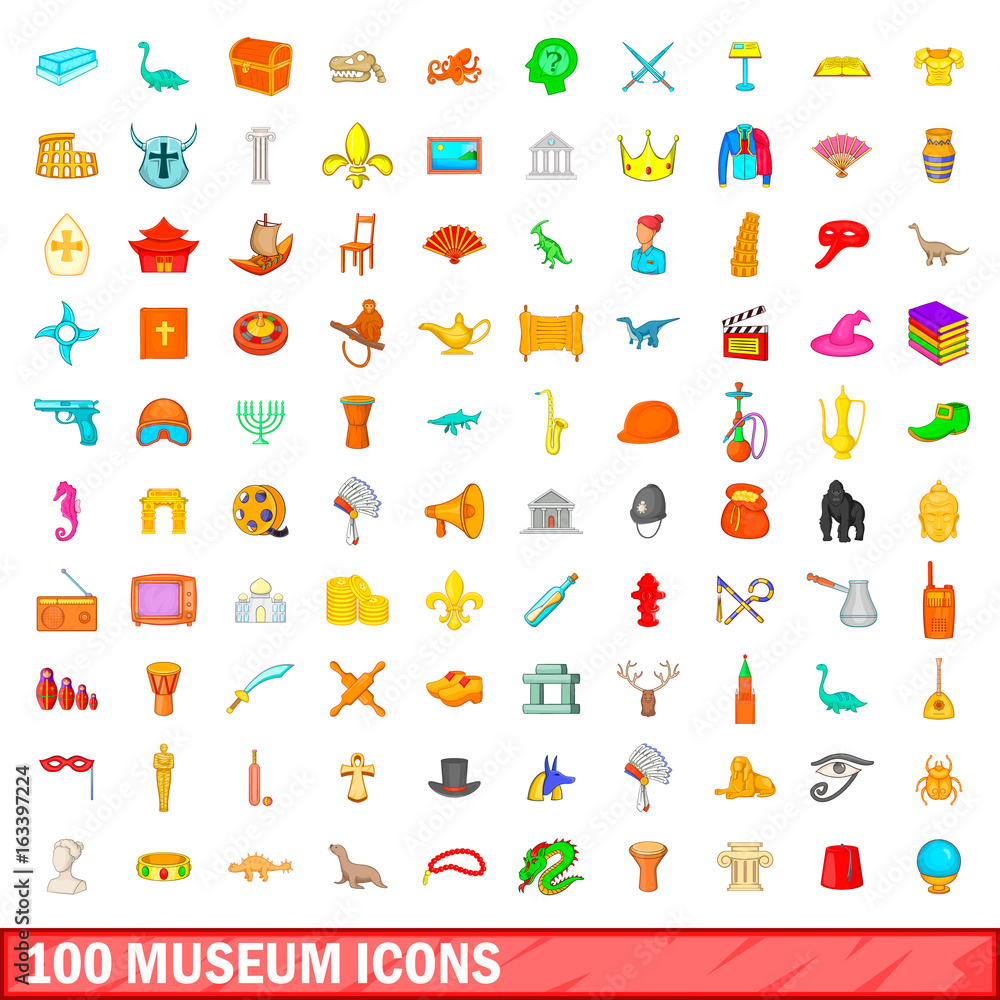 100 museum icons set, cartoon style