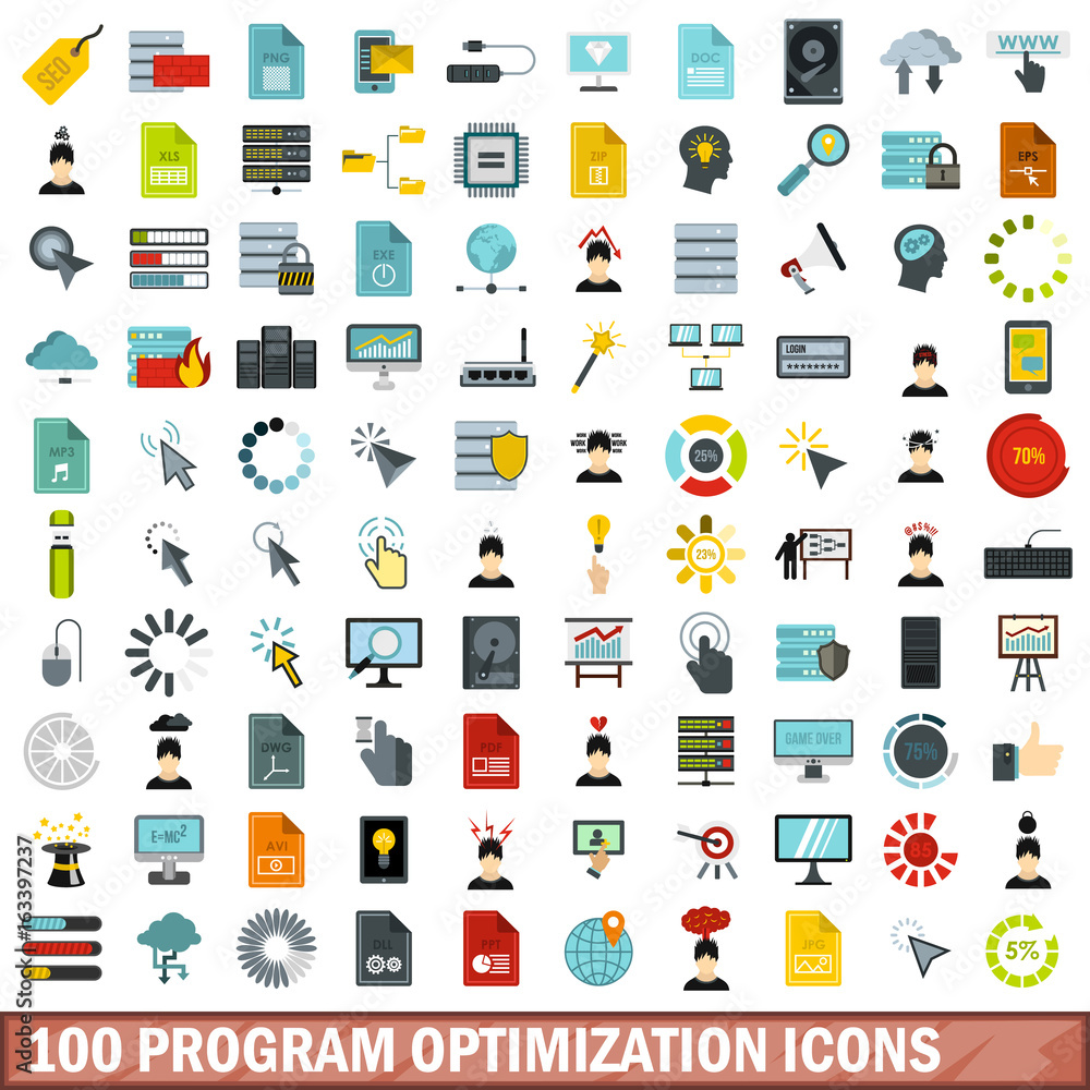 100 program optimization icons set, flat style 100 program optimization icons set, flat style