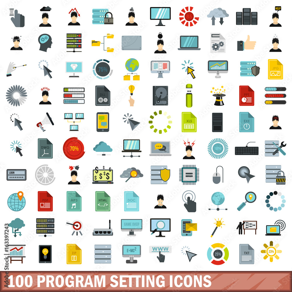 100 program setting icons set, flat style 100 program setting icons set, flat style