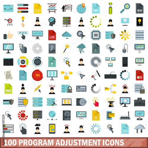 100 program adjustment icons set, flat style