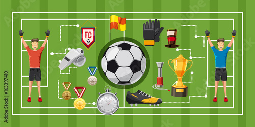 Soccer game banner horizontal, cartoon style