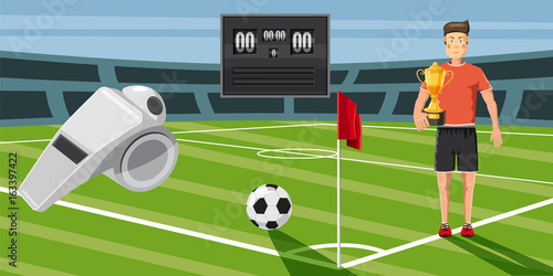 Soccer score banner horizontal, cartoon style