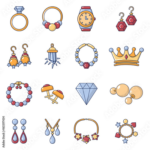 Jewelry shop icons set, cartoon style