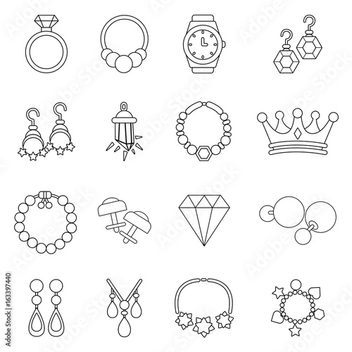 Jewelry shop icons set, outline style