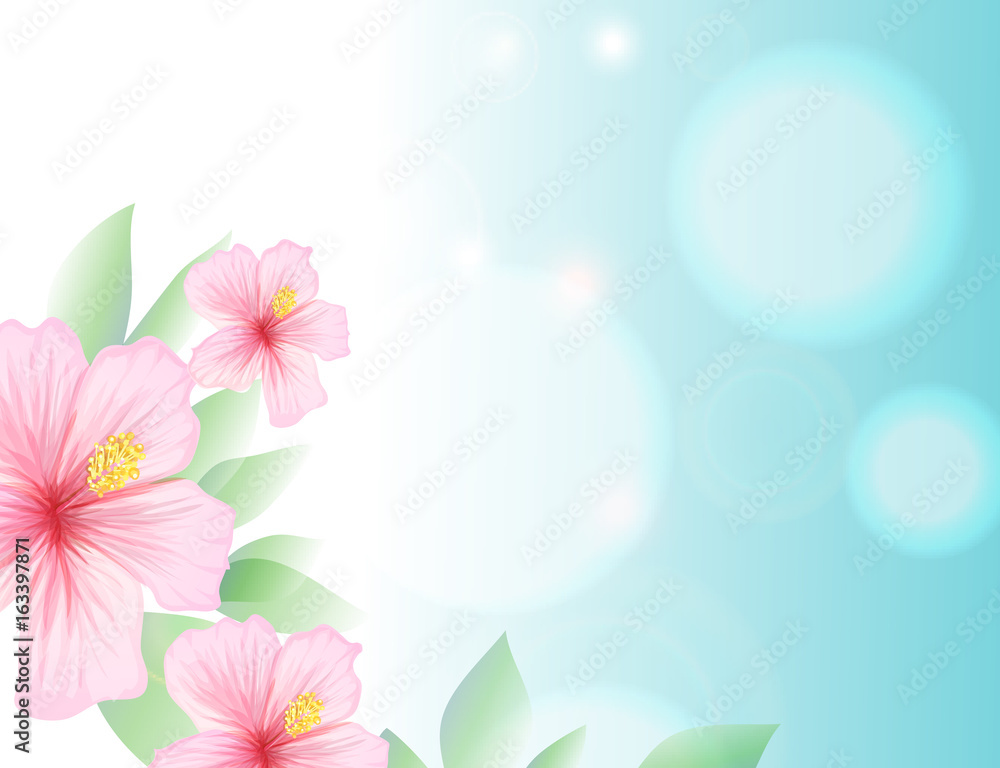 Spring and light blue sky, hibiscus summer-blooming tropical, hawai flowers, delicious and refreshing card with copy space for elegant motivation poster. Vector illustration Spring and light blue sky, hibiscus summer-blooming tropical, hawai flowers, delicious and refreshing card with copy space for elegant motivation poster. Vector illustration