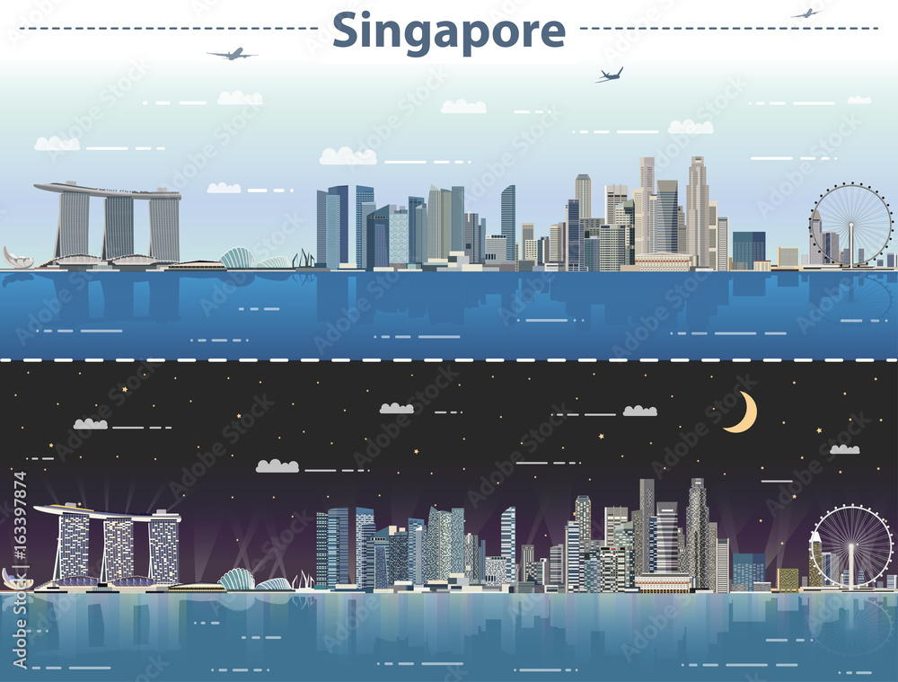 Obraz premium Singapore skyline at day and night vector illustration
