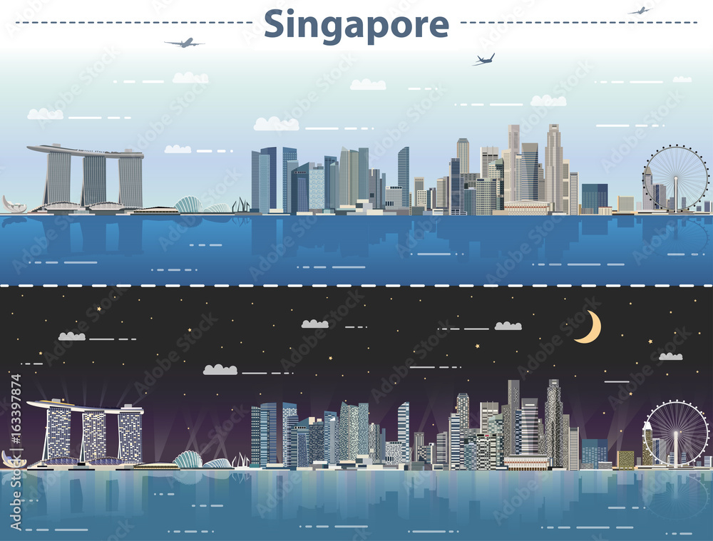 Singapore skyline at day and night vector illustration