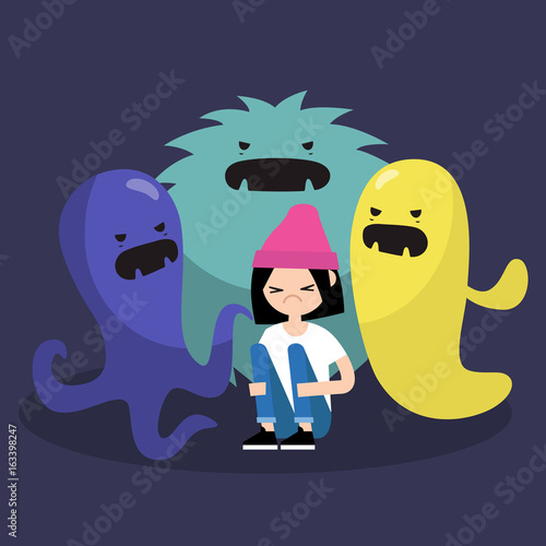 Scared female character surrounded by ugly monsters / flat editable vector illustration, clip art