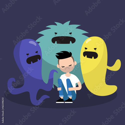 Scared character surrounded by ugly monsters / flat editable vector illustration, clip art