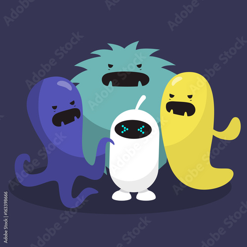Scared robot surrounded by angry monsters / flat editable vector illustration, clip art