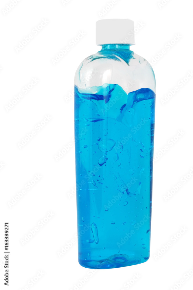 Isolated bottle of cool blue aloe vera pain relief gel. Vertical.