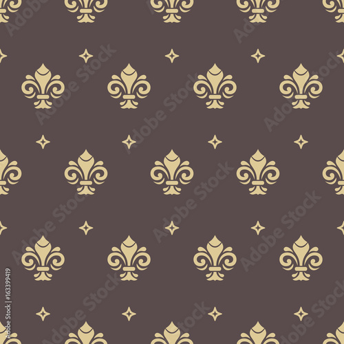 Seamless golden pattern. Modern geometric ornament with royal lilies. Classic vintage background