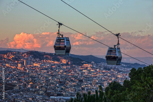 Photography Barcelona city view, Spain. Cable car, Teleferic de Montjuic