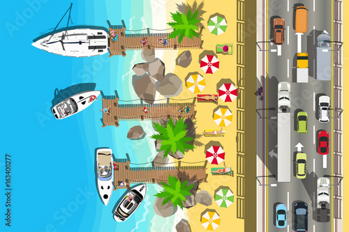 Top view road bridge near the city beach on the beach with wooden piers with boats