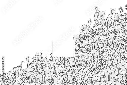 Illustration of crowd protest with blank sign from high angle view