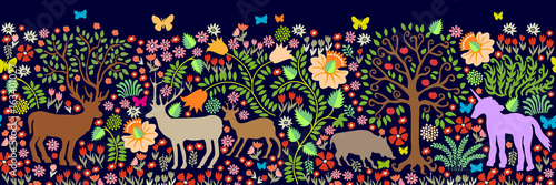 Magic summer night. Seamless pattern for wall painting and fresco inspired by folk art.