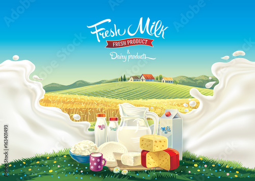 A composition from a set of dairy products, a landscape and splash from milk, and label inscriptions.