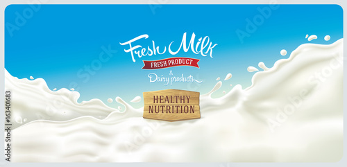 Design elements of dairy products - splash of milk, with a set of inscription.
