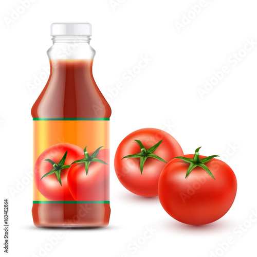Set of vector illustrations of a glass or plastic transparent bottle tomato ketchup with label for branding and two fresh red tomatoes in a realistic style isolated on white.