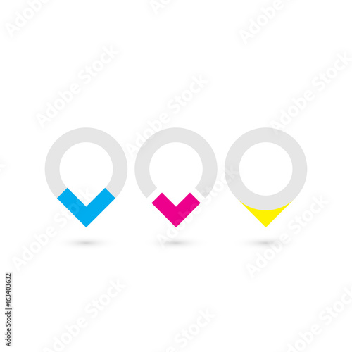 Set of three original map pointers - navigation pins. Simple flat vector objects in grey, cyan, magenta and yellow. photo