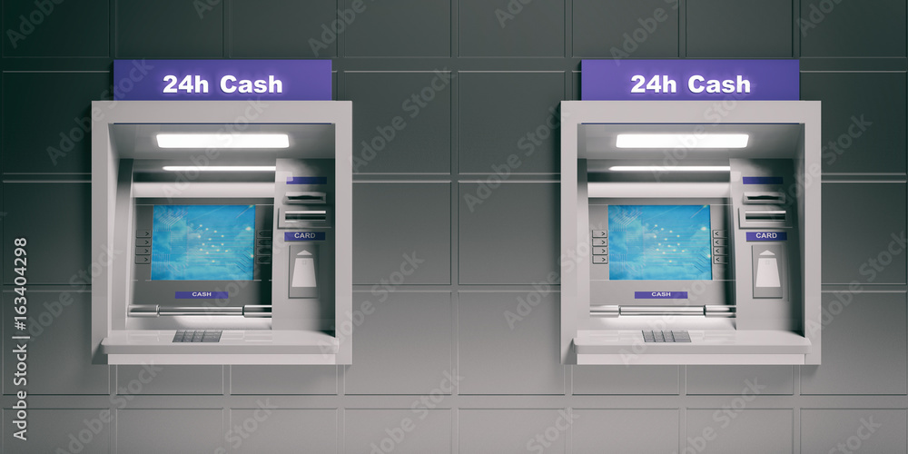 ATM machines on metal tiles background. 3d illustration ATM machines on metal tiles background. 3d illustration