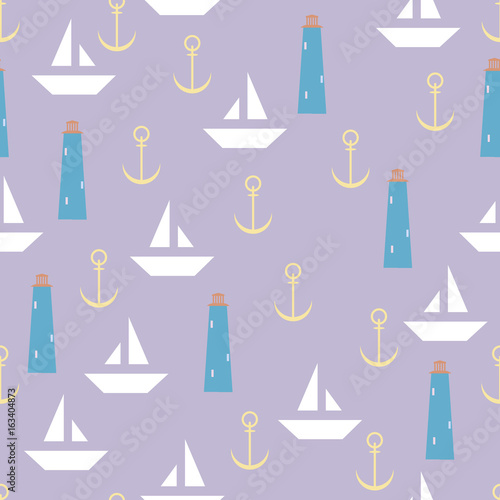 Nautical seamless pattern with lighthouse, sailing boats and anchors. Vector