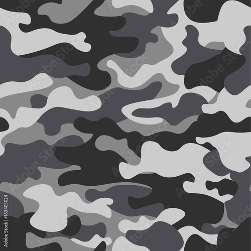 Camouflage seamless pattern background. Classic clothing style masking camo repeat print. Black grey white colors winter ice texture. Design element. Vector illustration.