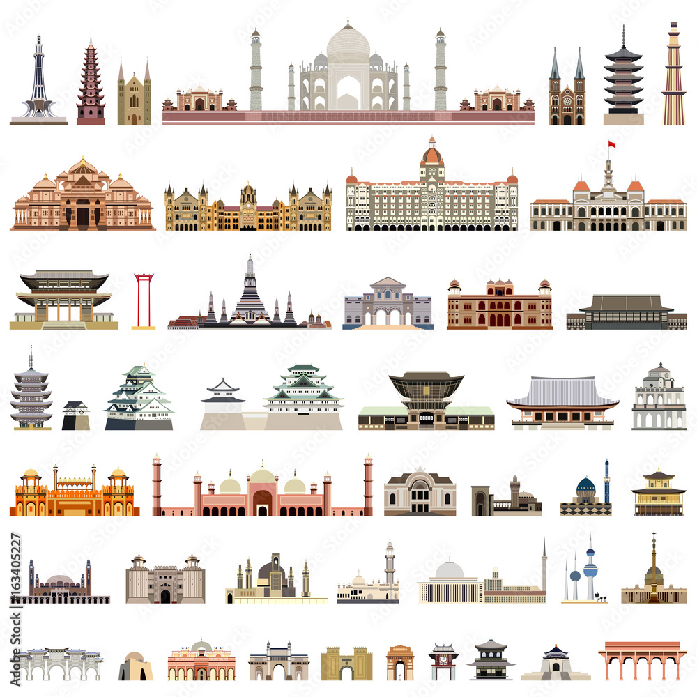 Fototapeta premium Temples, towers, cathedrals, pagodas, mausoleums. ancient buildings and other architectural monuments. Vector collection