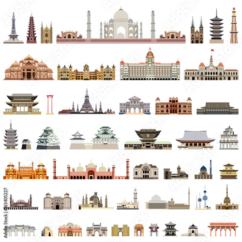 Temples, towers, cathedrals, pagodas, mausoleums. ancient buildings and other architectural monuments. Vector collection