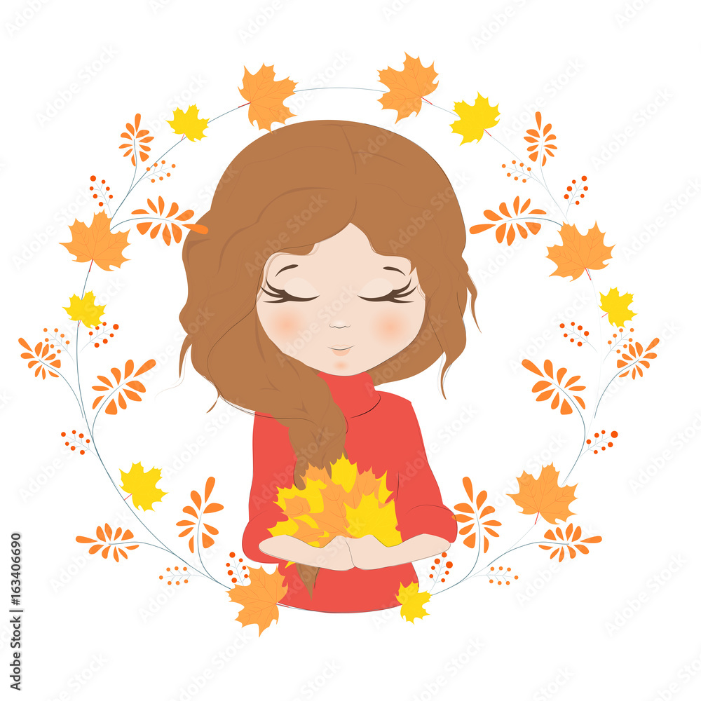 Pretty girl with a bouquet of autumn maple leaves vector illustration. Beautiful woman holds a bouquet yellow and orange leaves.
Pretty girl with a bouquet of autumn maple leaves vector illustration. Beautiful woman holds a bouquet yellow and orange leaves.