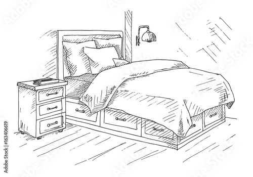 Hand drawn sketch. Linear sketch of an interior. Sketch Line bedrooms. Vector illustration