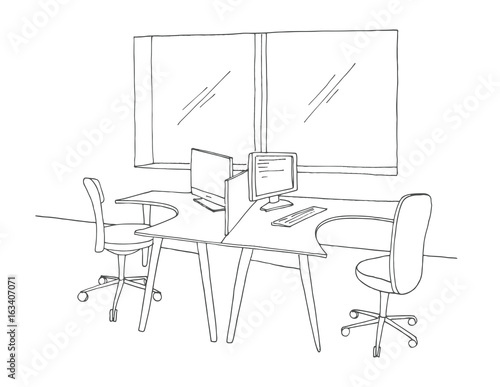 Open Space office. Workplaces outdoors. Tables, chairs. Vector illustration in a sketch style.