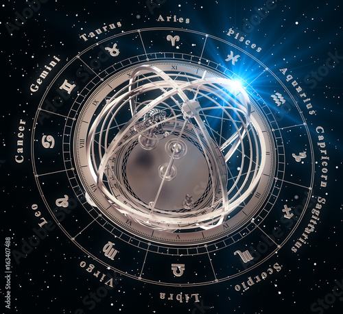 Zodiac Signs And Armillary Sphere On Black Background photo