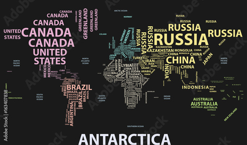 vector world map with country names in typography