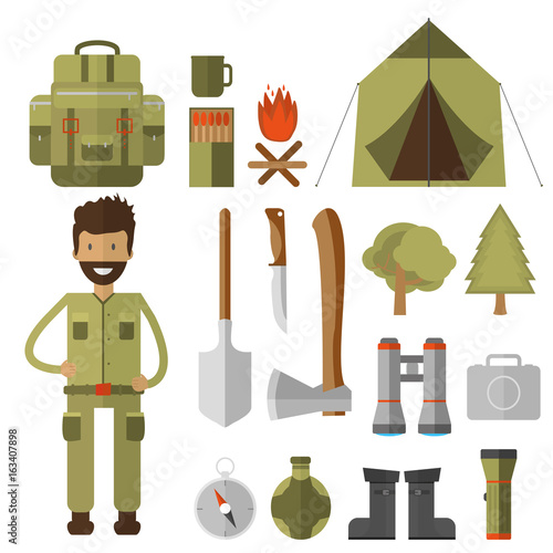 Mountain camping elements. Set of hiking equipment and gear for forest camp.