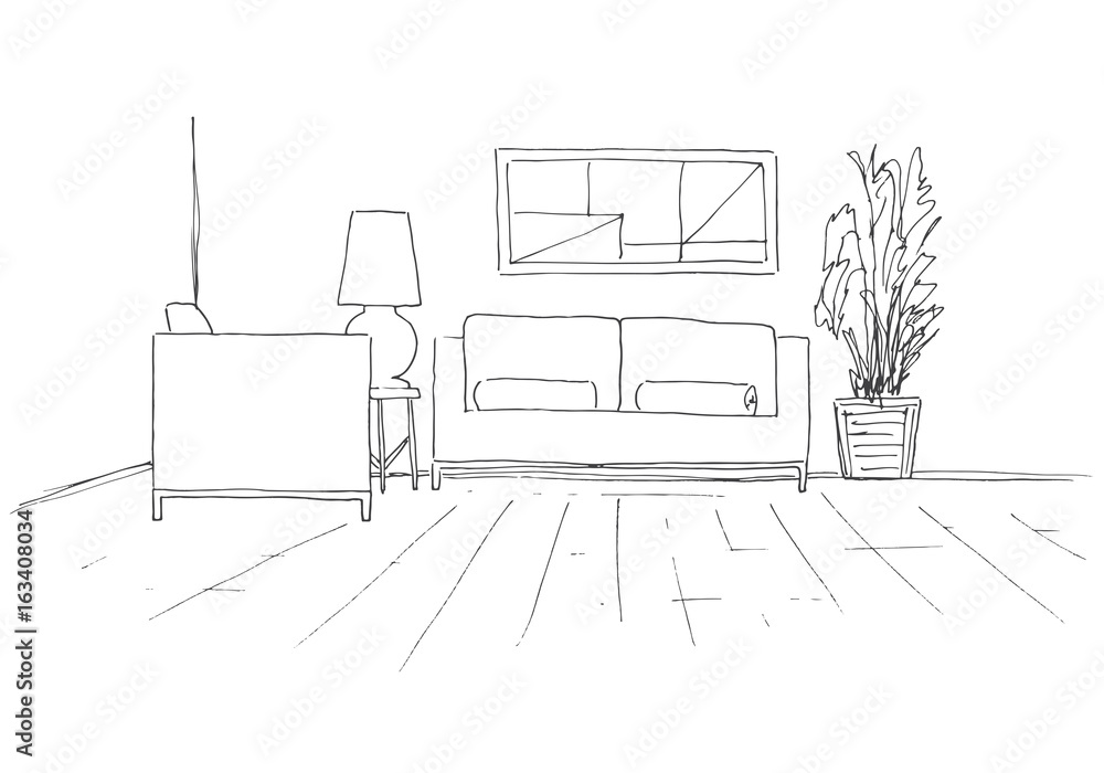 Sofa, chair, table with lamp and a large potted plant. Hand drawn vector illustration of a sketch style. Sofa, chair, table with lamp and a large potted plant. Hand drawn vector illustration of a sketch style.