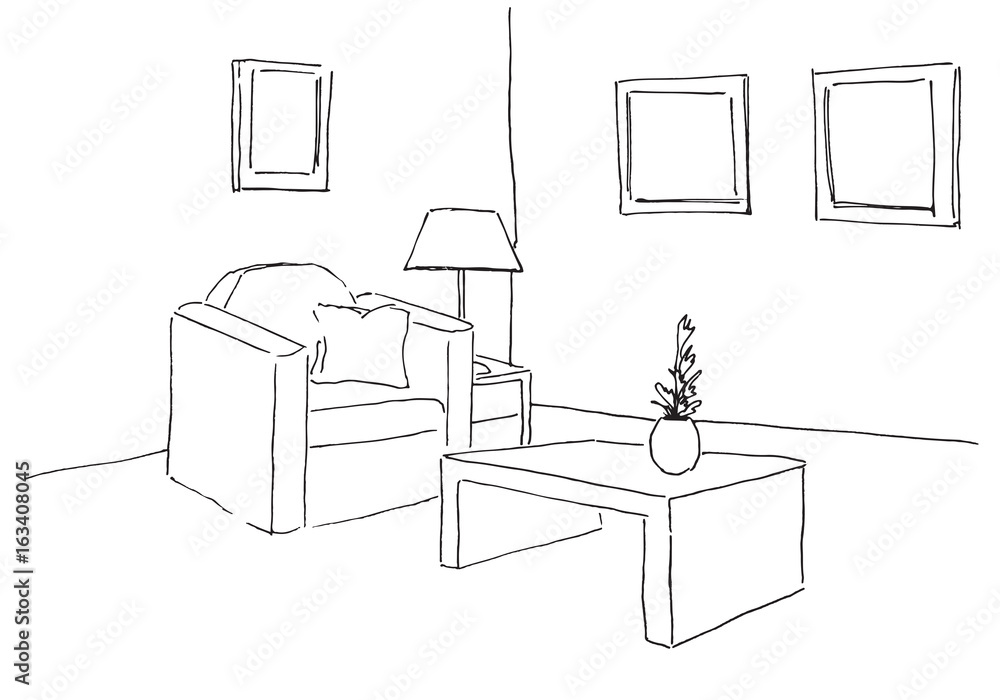 Armchair, table with a vase. Lamp on the nightstand. Hand drawn vector illustration of a sketch style.
