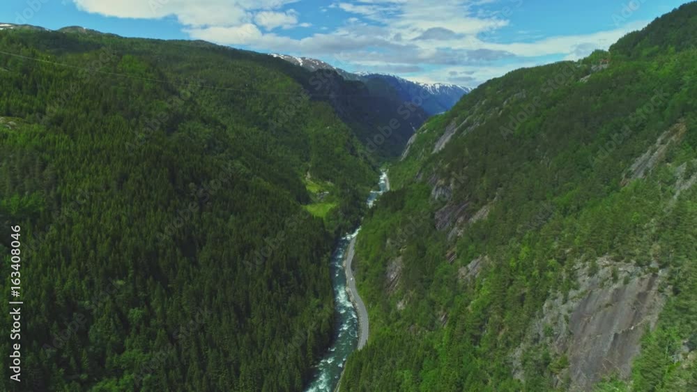 River flowing from Latefossen waterfall in Norway River flowing from Latefossen waterfall in Norway