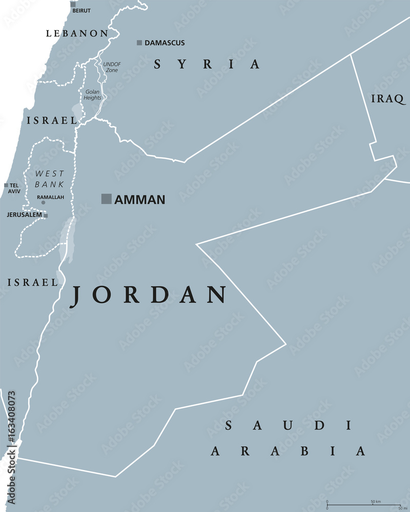 Vecteur Stock Jordan political map with capital Amman. The Hashemite  Kingdom of Jordan, an Arab country in Middle East and Western Asia. Gray  illustration isolated on white background. English labeling. Vector.
