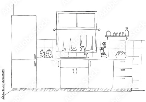 Sketch kitchen with a window. Vector illustration in a sketch style.