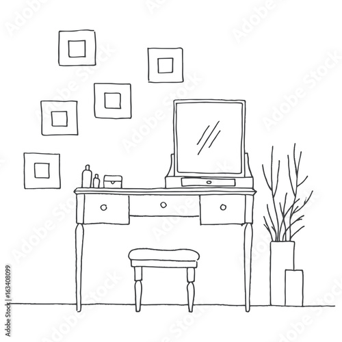 Dressing table in sketch style. Vector illustration is hand drawn.