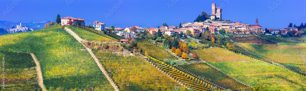Fototapeta Serralunga d'alba wioska w Piemonte z ogromnymi winnicami. Na północ od Włoch